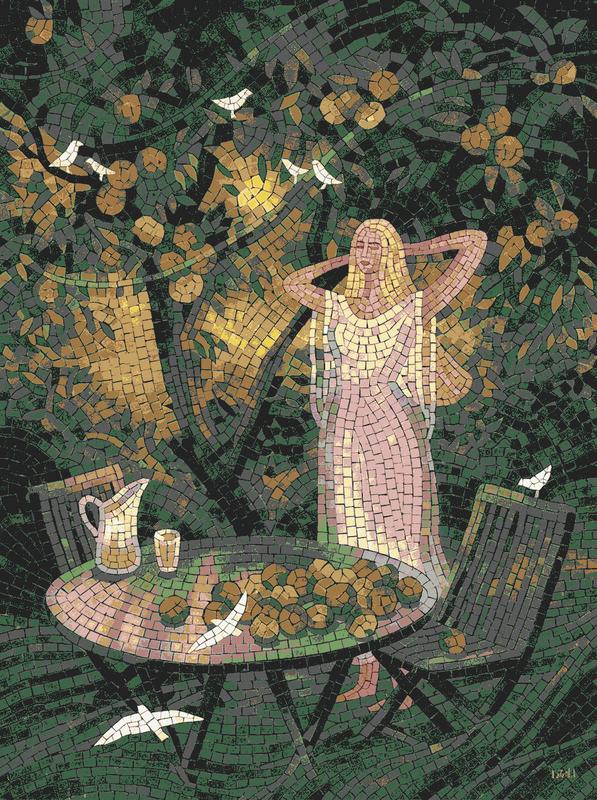 Serene Garden Mosaic Art - Blonde Woman and Birds
