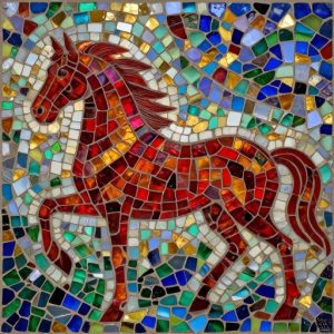Red Horse Emerging from the Sea Mosaic Art