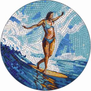 Surfer Woman Mosaic Art – Circular Wall Decor