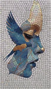 Surreal Blue and Gold Face and Bird Mosaic Art