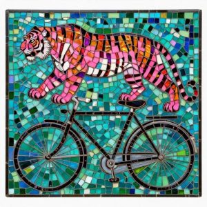 Pink Tiger and Vintage Bicycle Mosaic Art