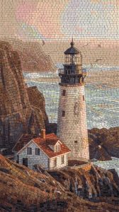 Coastal Lighthouse Mosaic Art – Serene Seaside Landscape