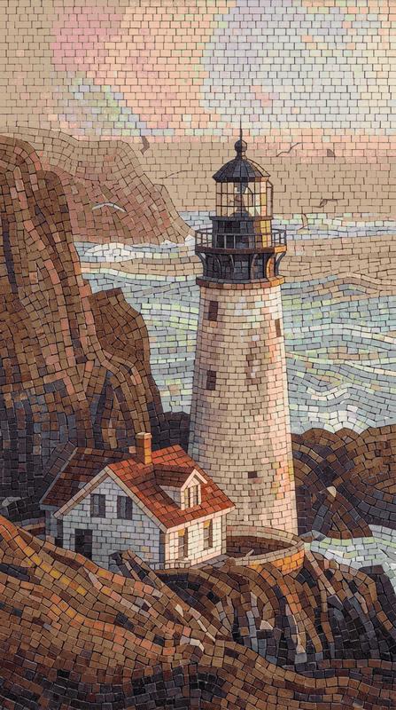 Coastal Lighthouse Mosaic Art - Serene Seaside Landscape