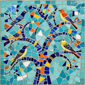 Colorful Birds on a Branch Trencadís Mosaic Art