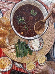 Rustic Dinner Mosaic Art – Still Life Soup and Bread