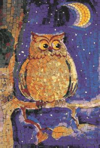 Golden Owl Mosaic Art – Night Sky & Crescent Moon