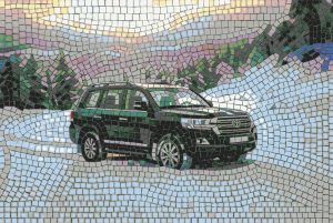 Mosaic Art: Dark Green SUV in Winter Landscape