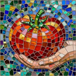 Hand-Crafted Mosaic Art: Ripe Tomato in Hands