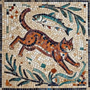 Ancient Roman Mosaic: Cat Catching a Fish