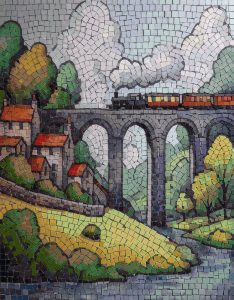 Steam Train on Stone Viaduct Mosaic Art