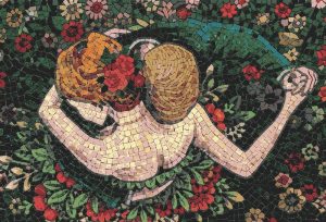 Romantic Garden Mosaic Art – Woman in Yellow Hat