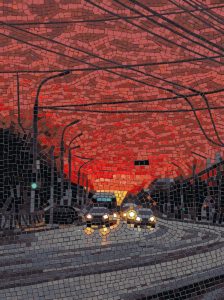 Urban Twilight Mosaic Art – City Street Scene