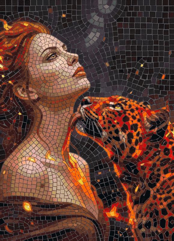 Woman and Leopard Mosaic Art - Eternal Bond