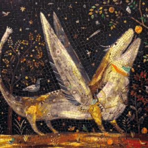 Golden Mythical Creature Mosaic Art