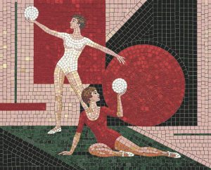 Modernist Mosaic Art: Athletic Figures in Red and White