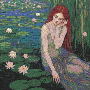 Pensive Woman in Water Lily Pond Mosaic Art