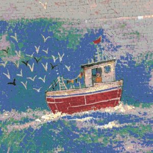 Red Fishing Boat Mosaic Art – Nautical Sea Scene