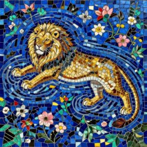 Golden Lion in Blue Waters – Florentine Mosaic Art