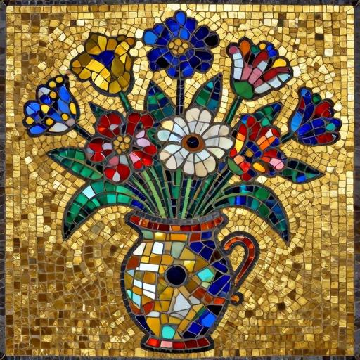 Byzantine Mosaic Colorful Flower Bouquet in Gold