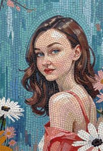 Elegant Woman Mosaic Portrait – Blue Background