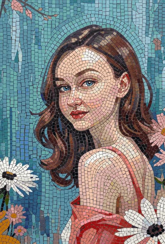 Elegant Woman Mosaic Portrait - Blue Background