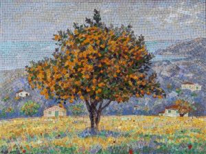 Golden Tree Landscape Mosaic Art