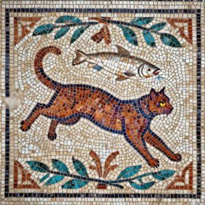 Ancient Roman Cat and Fish Mosaic Art