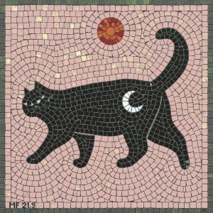 Mystical Black Cat Mosaic Art – Celestial Sun and Moon