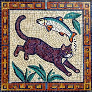 Ancient Style Mosaic: Cat Catching a Fish