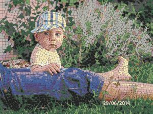 Mosaic Portrait of a Child in a Striped Cap