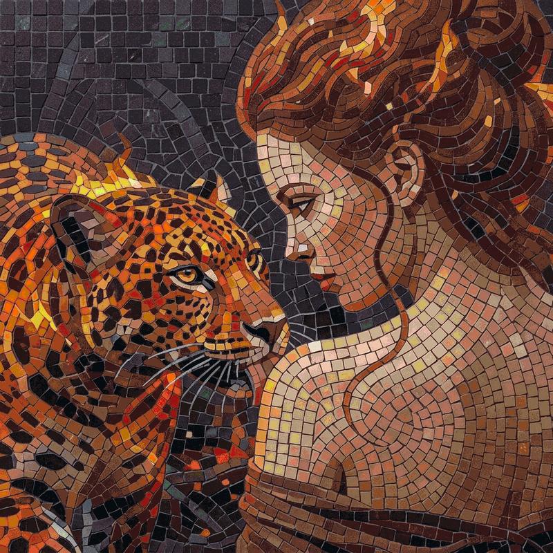 Woman and Leopard Mosaic Art - Intimate Connection