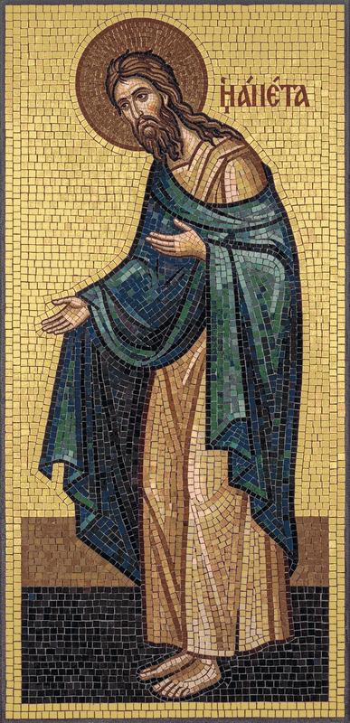 Classical Mosaic Art of a Holy Figure in Blue and Gold