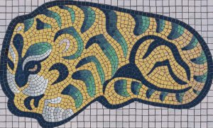 Stylized Lion Mosaic Art – Vibrant Yellow and Blue