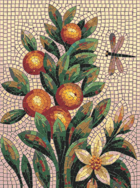 Nature's Harmony Mosaic Art - Orange Fruits & Dragonfly