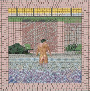 Serene Poolside Mosaic Art – Minimalist Figure