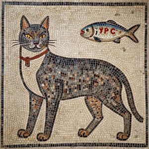 Quirky Ancient-Style Cat and Fish Mosaic Art