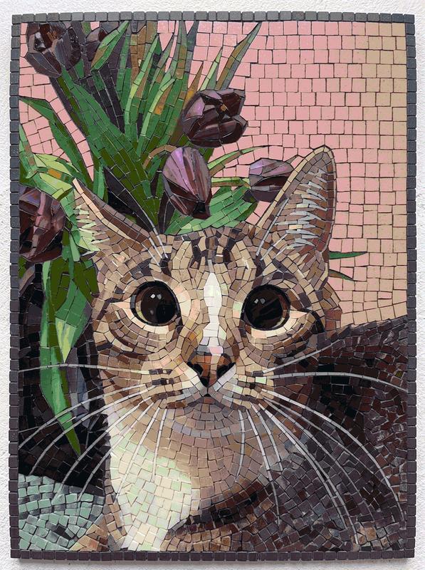 Tabby Cat and Purple Tulips Mosaic Art