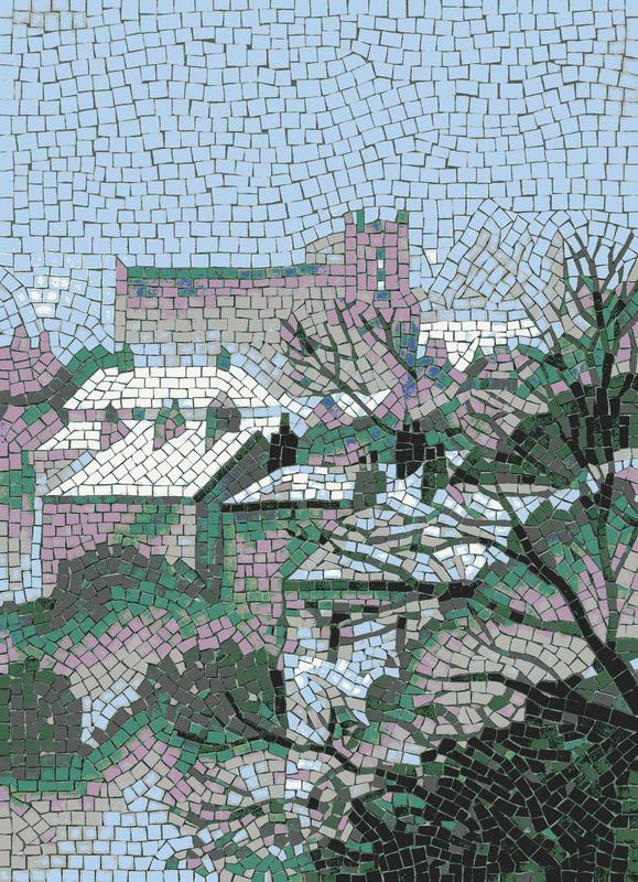 Classical Mosaic Art: Serene Building in Nature