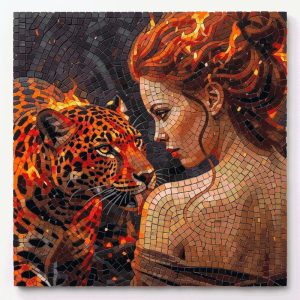 Fiery Bond: Woman and Leopard Mosaic Art