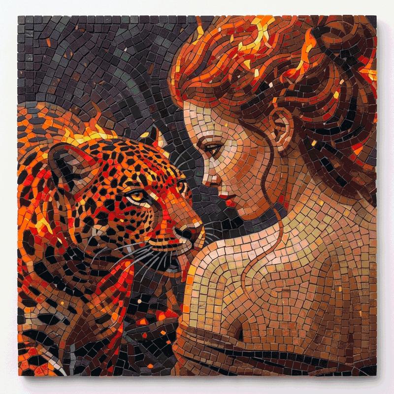 Fiery Bond: Woman and Leopard Mosaic Art