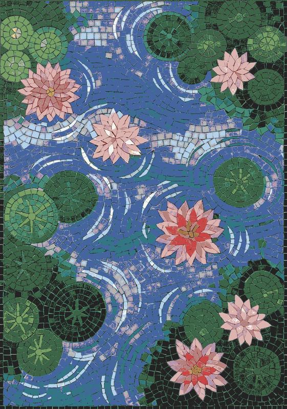 Pink Water Lilies Mosaic Art - Serene Nature Scene