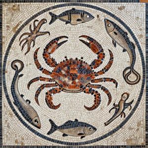 Ancient Marine Life Mosaic Art – Crab, Fish & Octopus