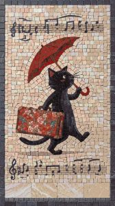Whimsical Black Cat with Red Umbrella Mosaic Art