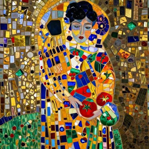 Klimt-Style Mosaic Art: Woman Choosing Tomatoes