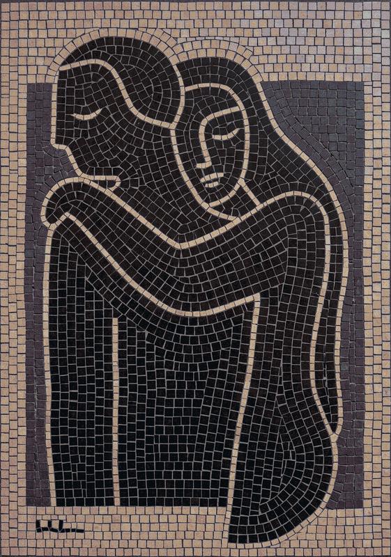 Eternal Embrace - Minimalist Black and Beige Mosaic Art