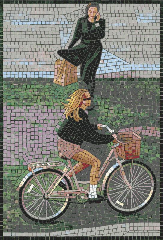 Urban Rhythm Mosaic Art - Woman on a Bicycle