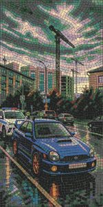 Blue City Car Mosaic Art – Urban Landscape