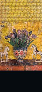 Vibrant Tulip Bouquet and White Horses Mosaic Art