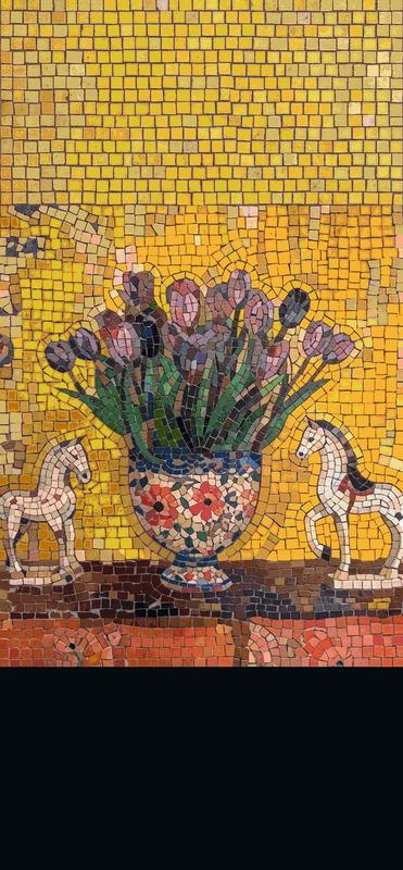 Vibrant Tulip Bouquet and White Horses Mosaic Art