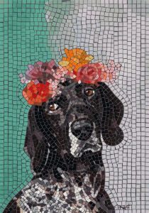 Mosaic Portrait of a Dog with Flower Crown